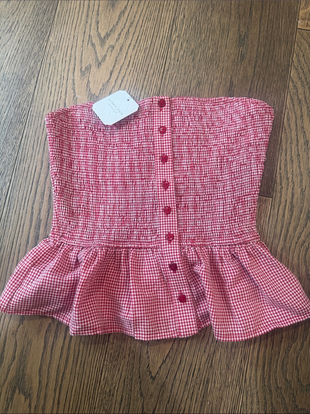 Altar'd State Red Gingham Strapless Smocked Top NWT XS